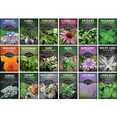 SURVIVAL GARDEN SEEDS empaque frontal mostrando 18 variedades y beneficios