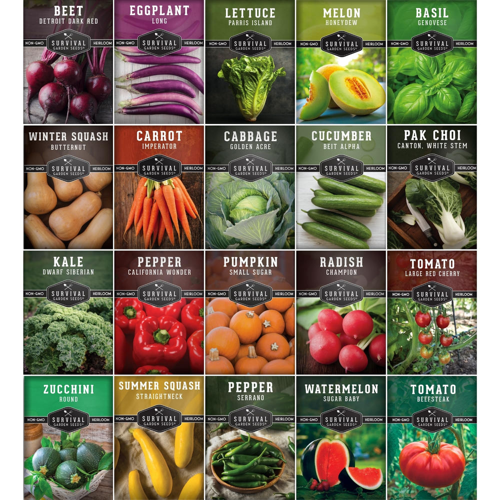 SURVIVAL GARDEN SEEDS paquete frontal mostrando variedad y conveniencia