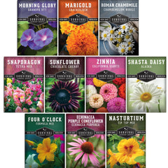 Survival Garden Seeds paquete frontal mostrando variedad de flores y facilidad de uso