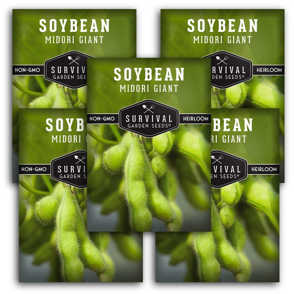 SURVIVAL GARDEN SEEDS paquete Midori Giant Edamame mostrando el diseño y cantidad