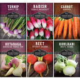 SURVIVAL GARDEN SEEDS embalaje frontal con variedades de raíz visible y fácil identificación