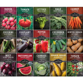 SURVIVAL GARDEN SEEDS paquete frontal mostrando 15 sobres y variedad