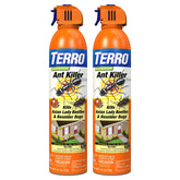 Terro lata frontal mostrando etiquetas y uso exterior para control de plagas