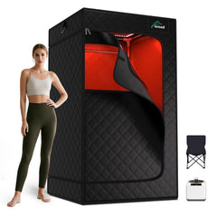 TOREAD vista frontal de la sauna portátil mostrando puerta y silla, ahorro de espacio