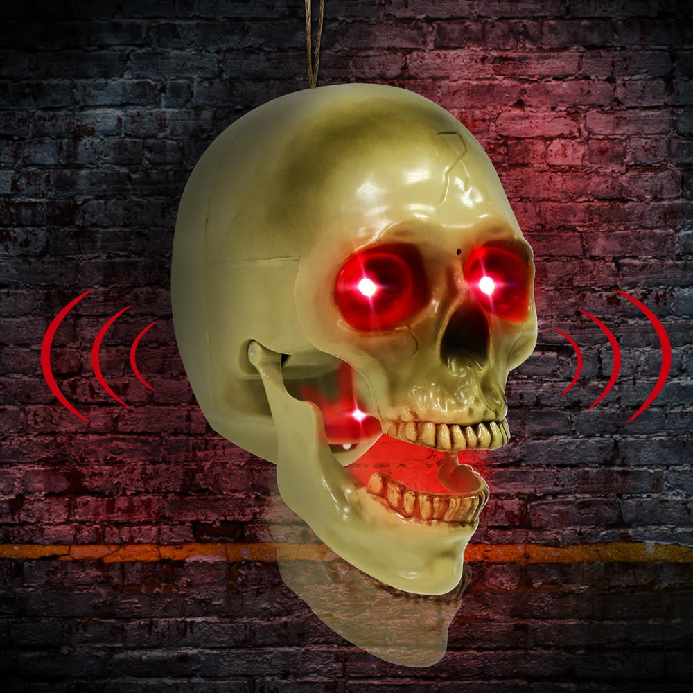 TURNMEON calavera colgante vista frontal con expresión terrorífica y uso inmediato
