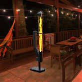 Unicoshape vista frontal del fogón con tubo de cristal y llamas en espiral, crea ambiente