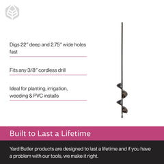 Yard Butler barrena en uso con taladro reduciendo esfuerzo físico al cavar
