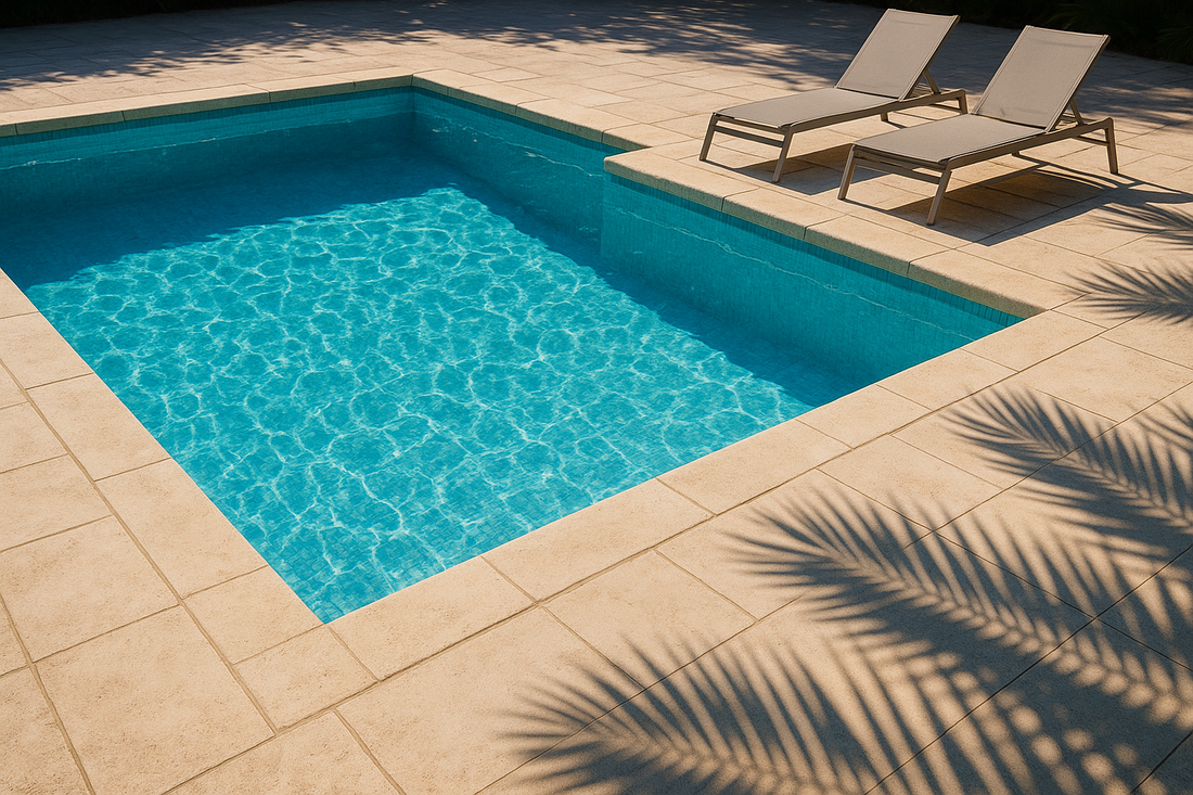 Alberca residencial con agua transparente y azul, borde de piedra y camastros al fondo