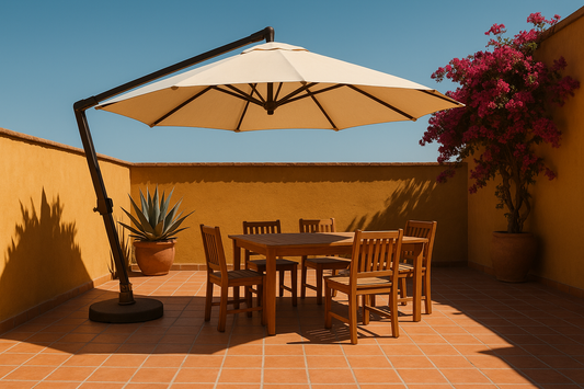 Sombrilla de patio abierta sobre comedor exterior con luz de mediodía en una terraza mexicana