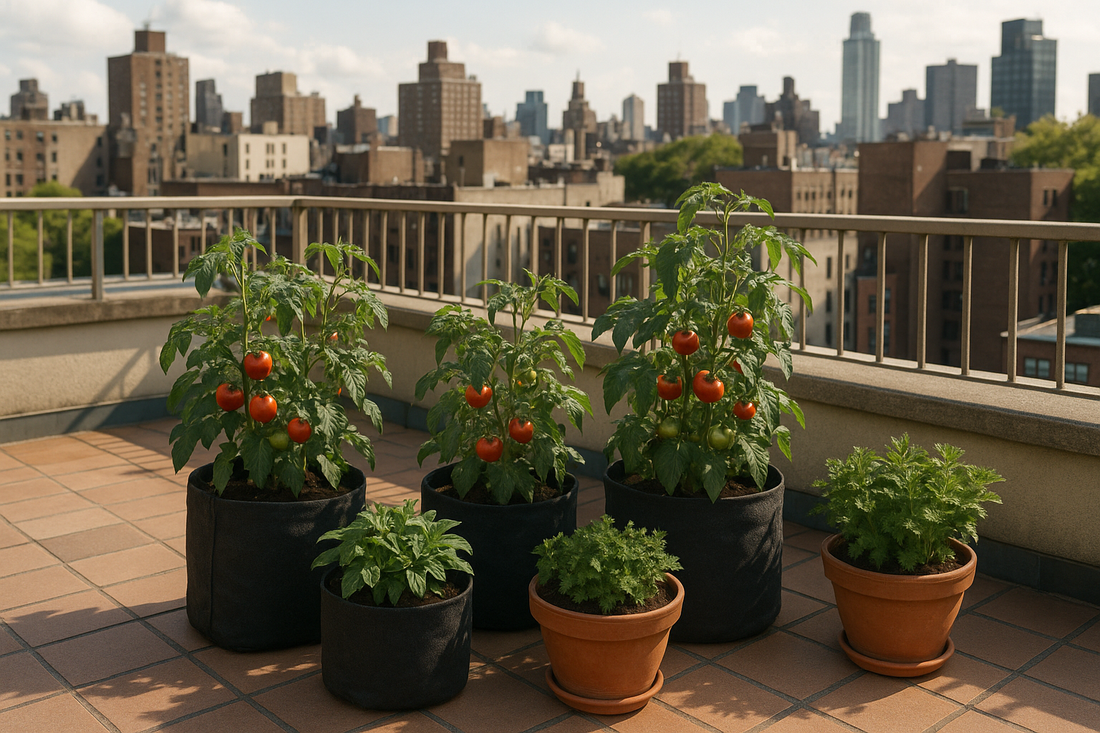 Huerto en azotea con macetas y bolsas de cultivo sobre una terraza urbana con edificios al fondo