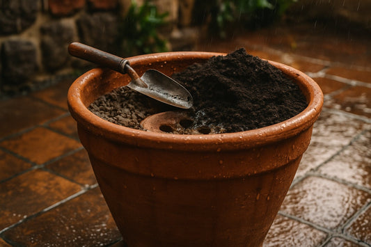 Maceta de barro preparada con capa de grava y sustrato para drenaje en temporada de lluvias