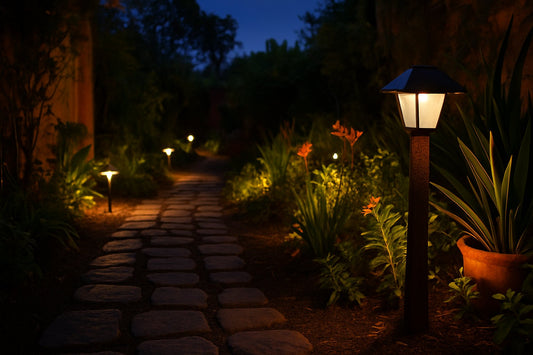 Sendero de jardín iluminado al anochecer con lámparas bajas y una luminaria solar