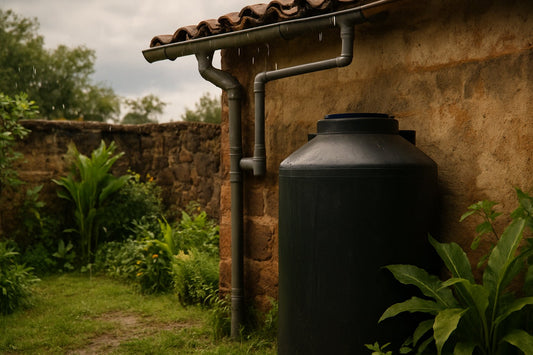 Sistema de captación de agua de lluvia con bajante, filtro y tanque en una casa mexicana