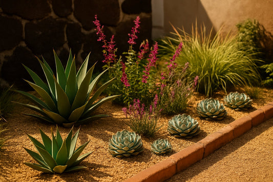 Cama de plantas nativas mexicanas de bajo riego con agaves, salvias y echeverias