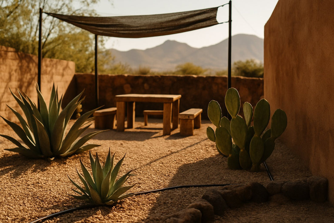 Jardín de clima seco en el norte de México con agaves, mulch de grava y malla sombra