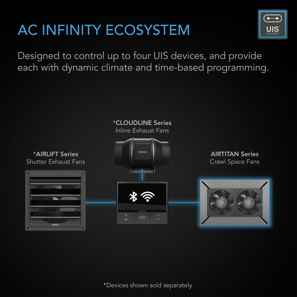 AC Infinity AIRTITAN T7 con pantalla de app WiFi en móvil, control remoto y datos