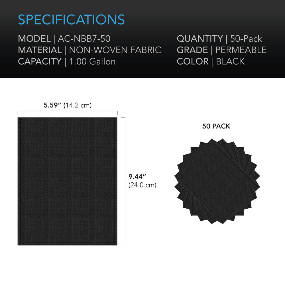 AC Infinity etiqueta con dimensiones y material, garantía de especificaciones