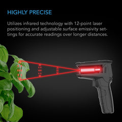 AC Infinity en uso apuntando a una hoja para medir temperatura foliar sin contacto