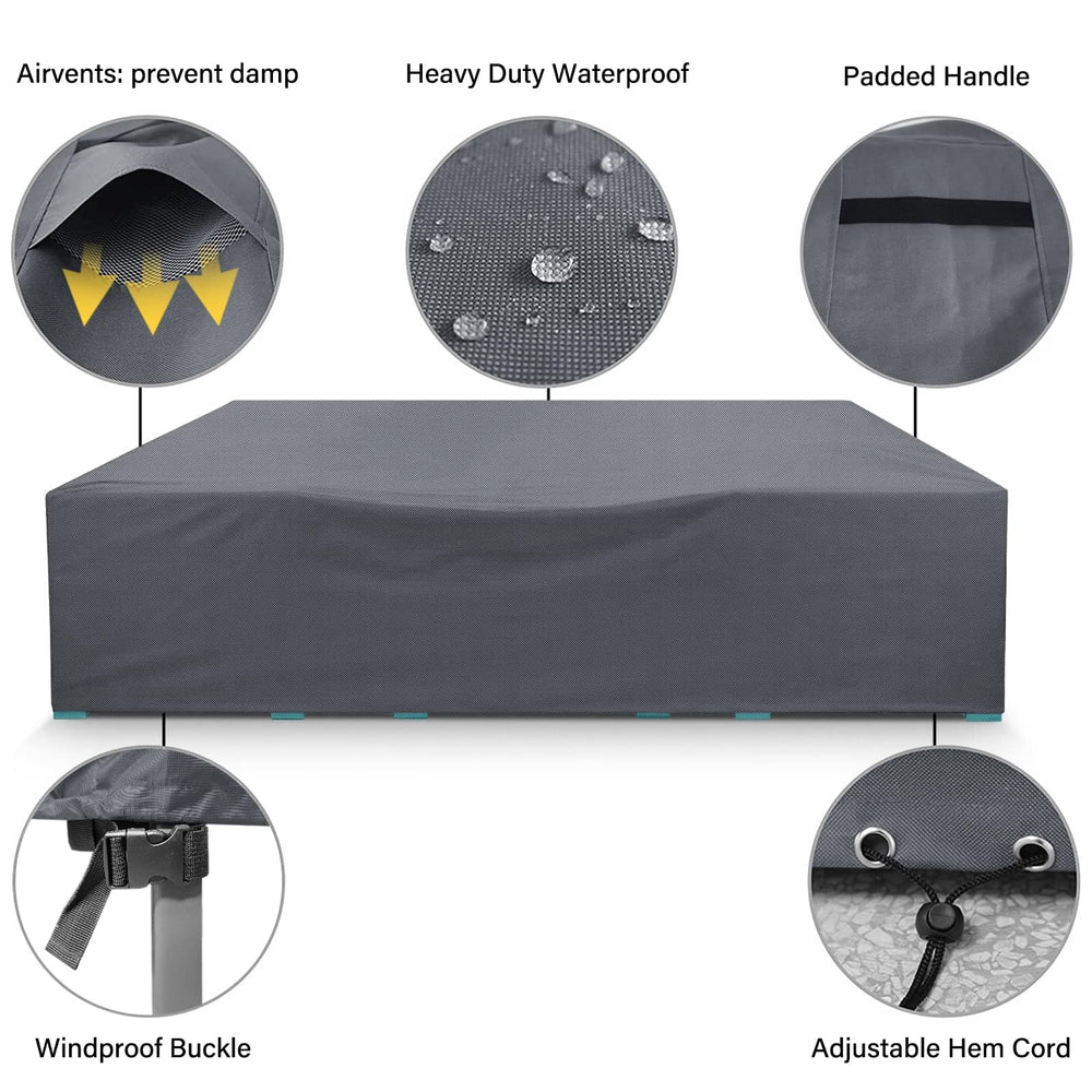 AKEfit funda colocada sobre mesa de patio protegiendo de lluvia