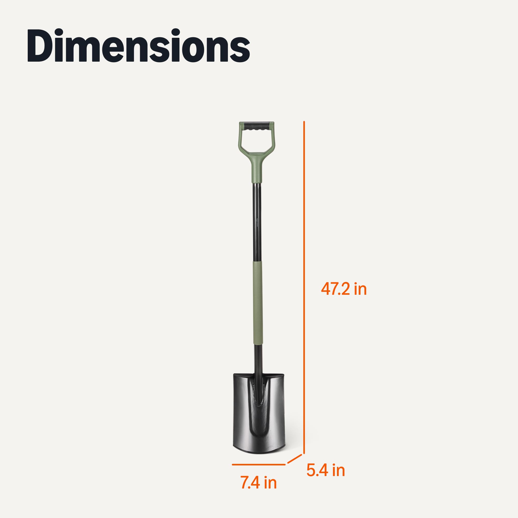 Amazon Basics pala junto a una cinta métrica para comparar tamaño y alcance efectivo