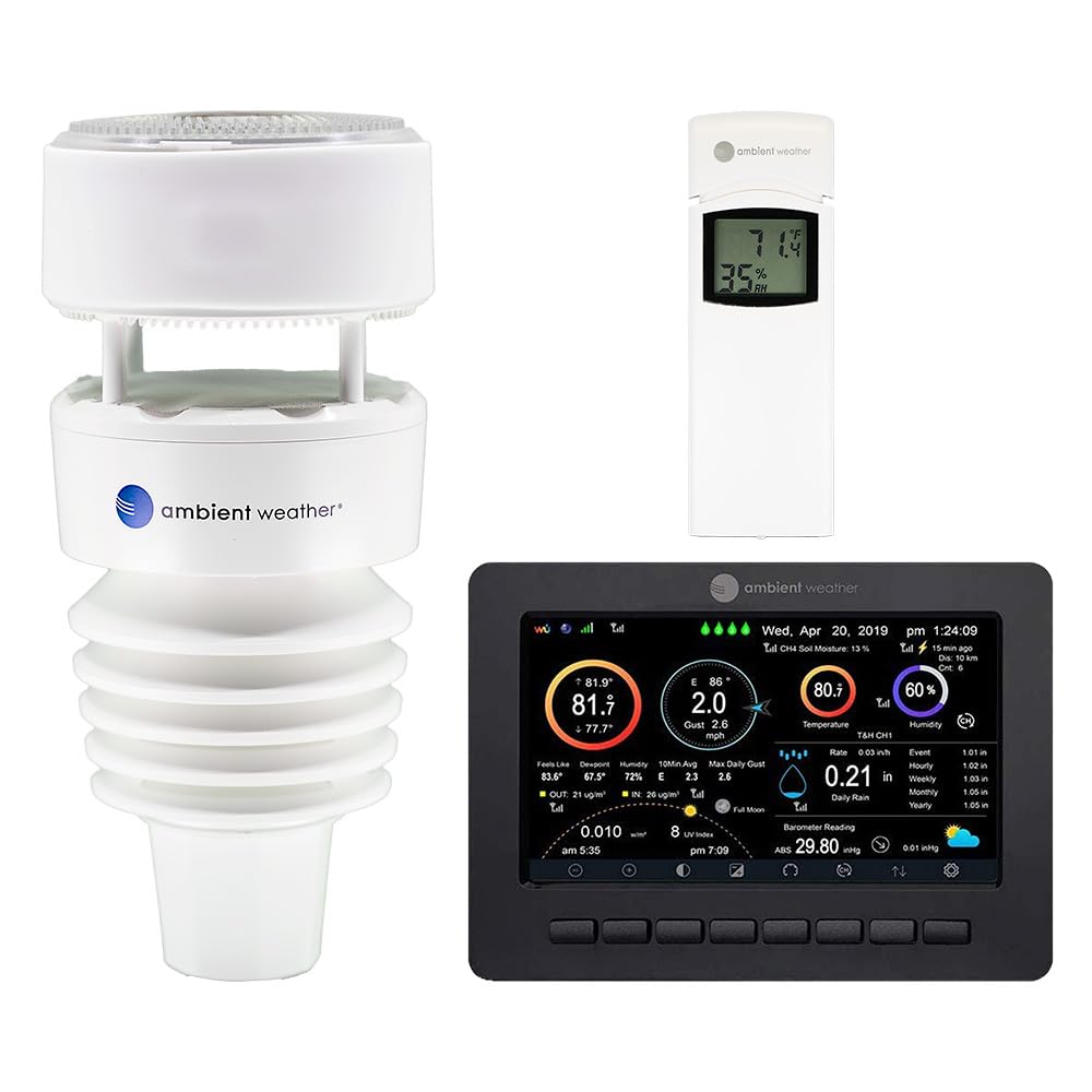 Ambient Weather WS-4000 vista frontal mostrando todos los sensores y beneficios de diseño
