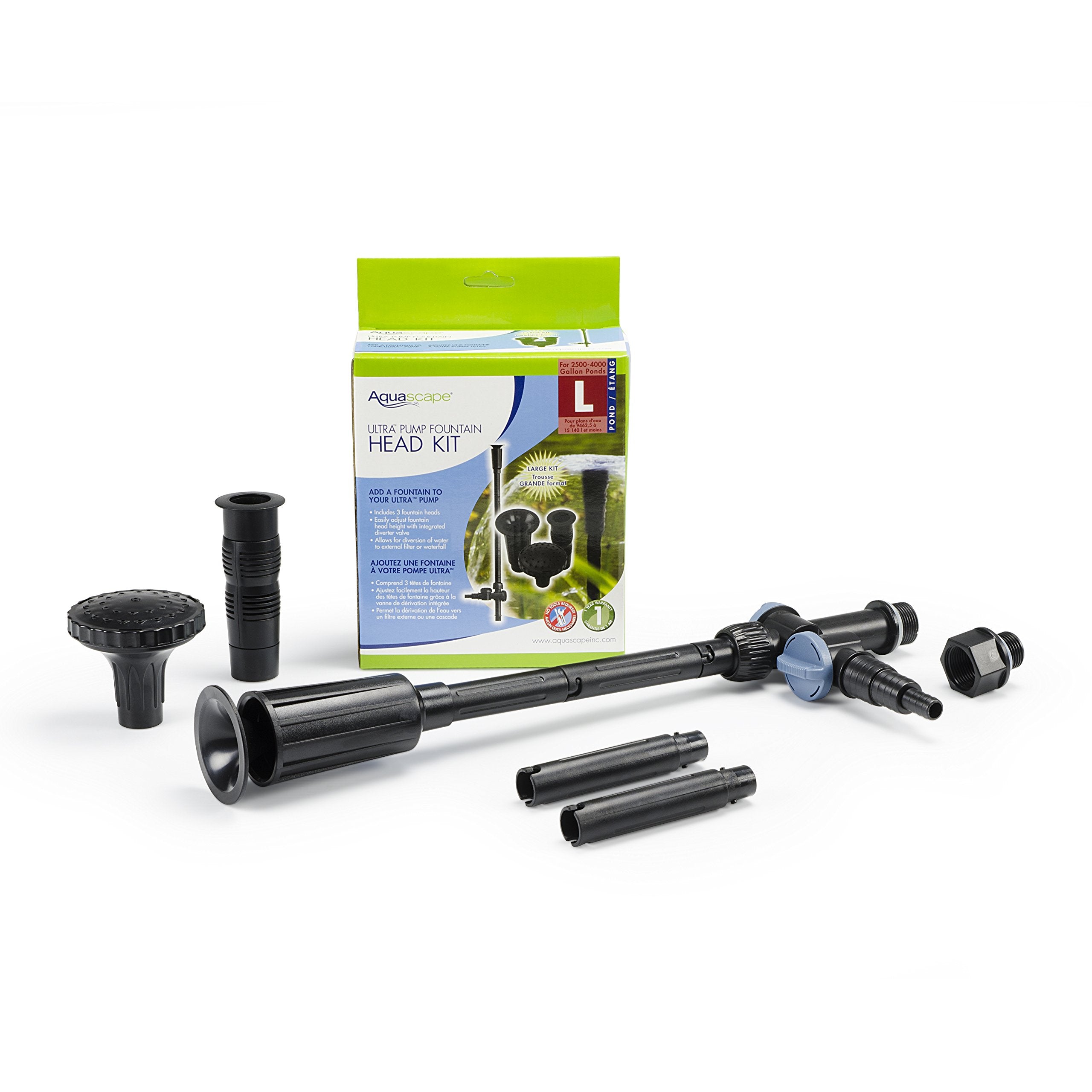 Aquascape kit frontal mostrando las tres cabezas y la válvula, versatilidad decorativa