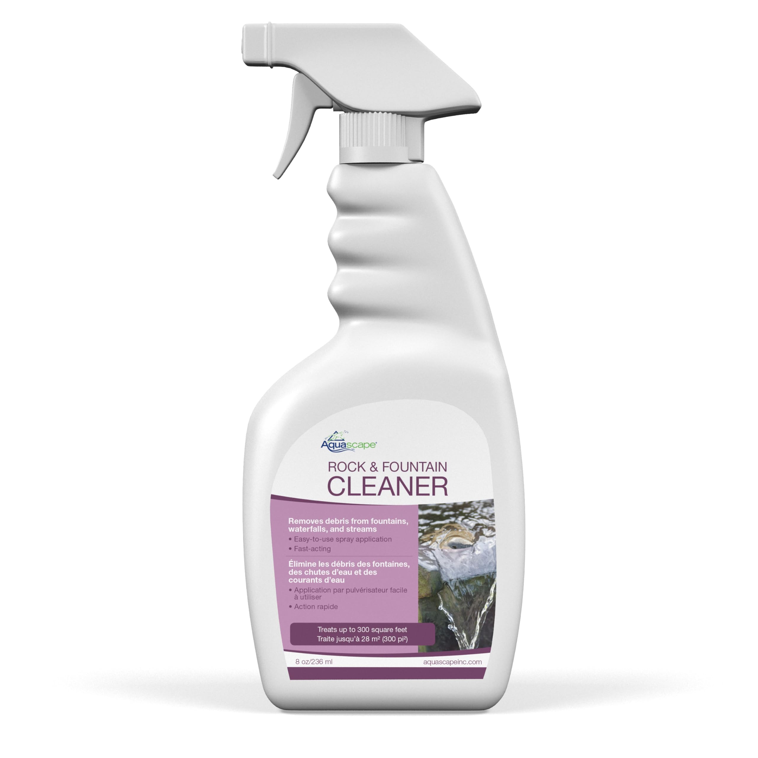Aquascape botella frontal mostrando etiqueta y spray para limpieza eficaz