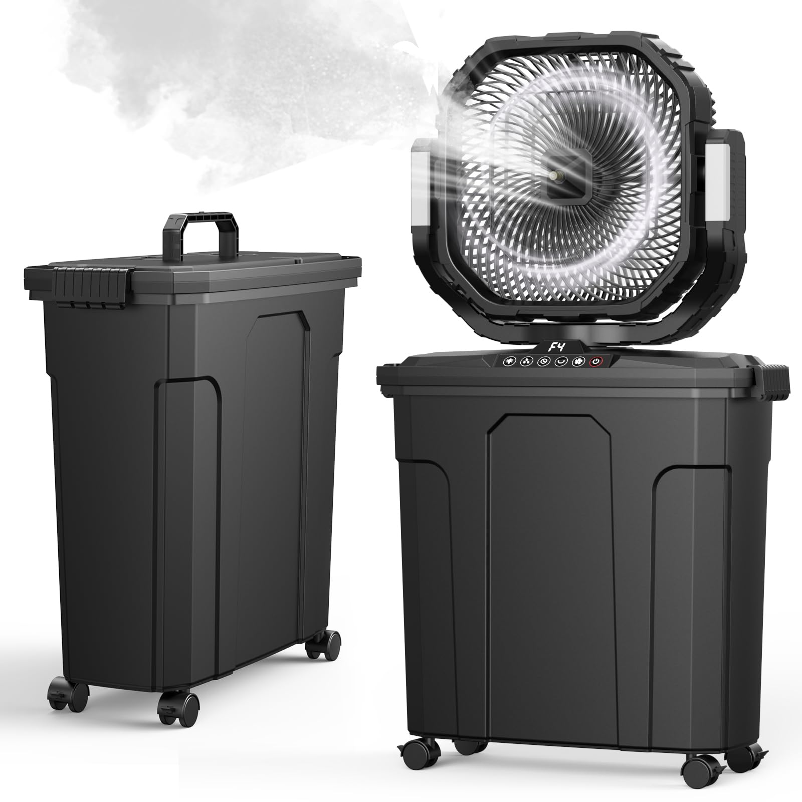 Ausic ventilador frontal mostrando depósito y control, refresca espacios exteriores