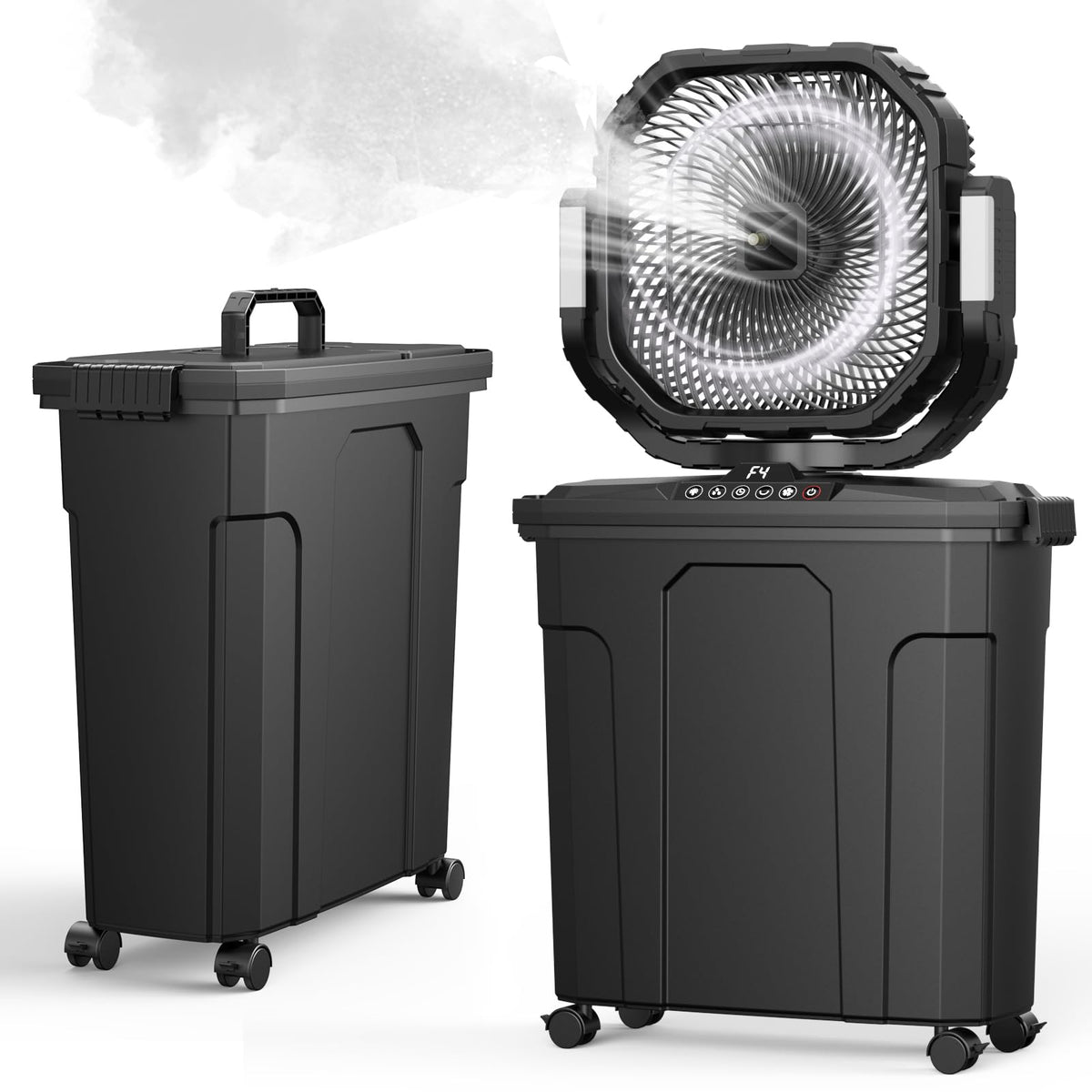 Ausic ventilador frontal mostrando depósito y control, refresca espacios exteriores