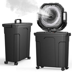 Ausic ventilador frontal mostrando depósito y control, refresca espacios exteriores