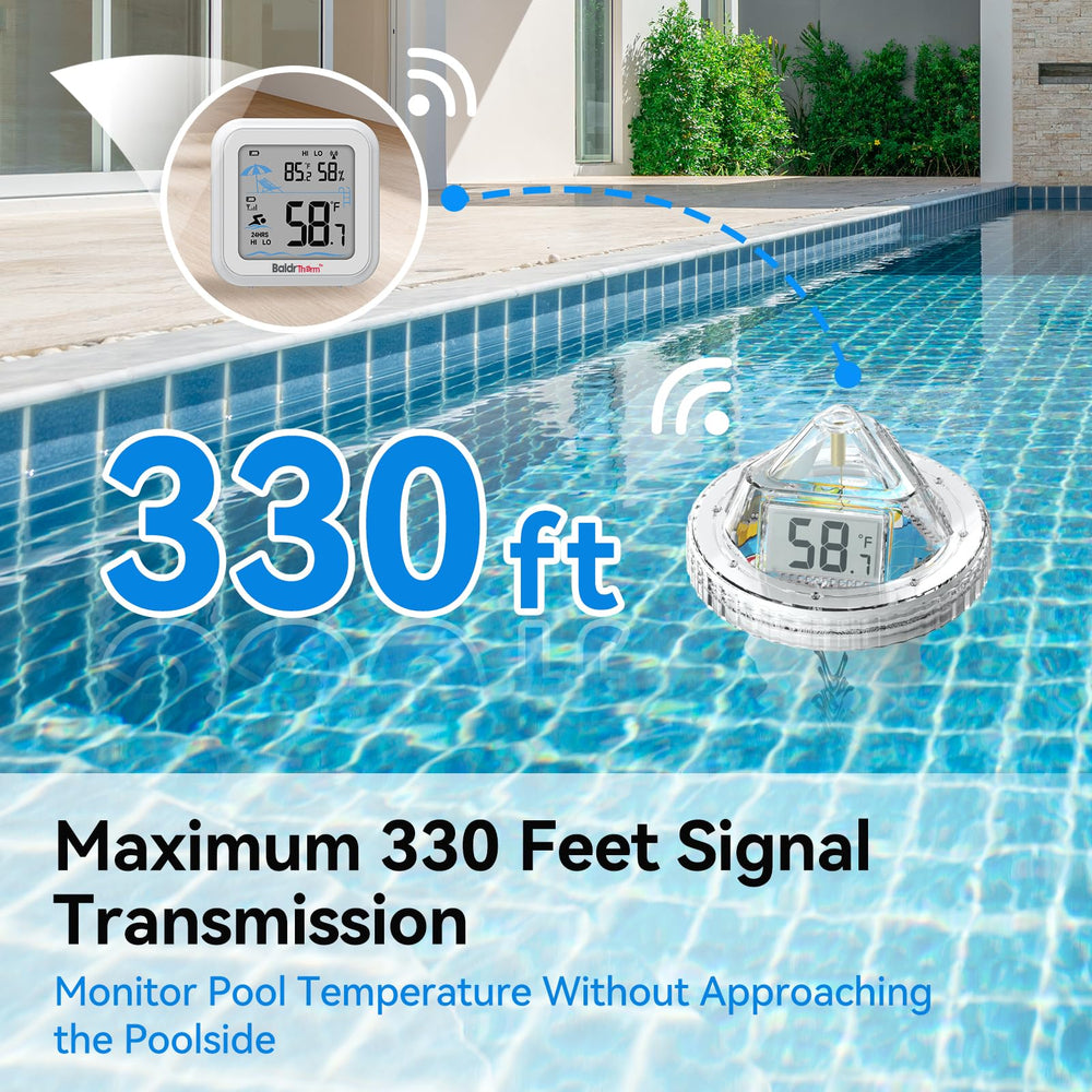 BaldrTherm flotando en piscina con app mostrando control remoto