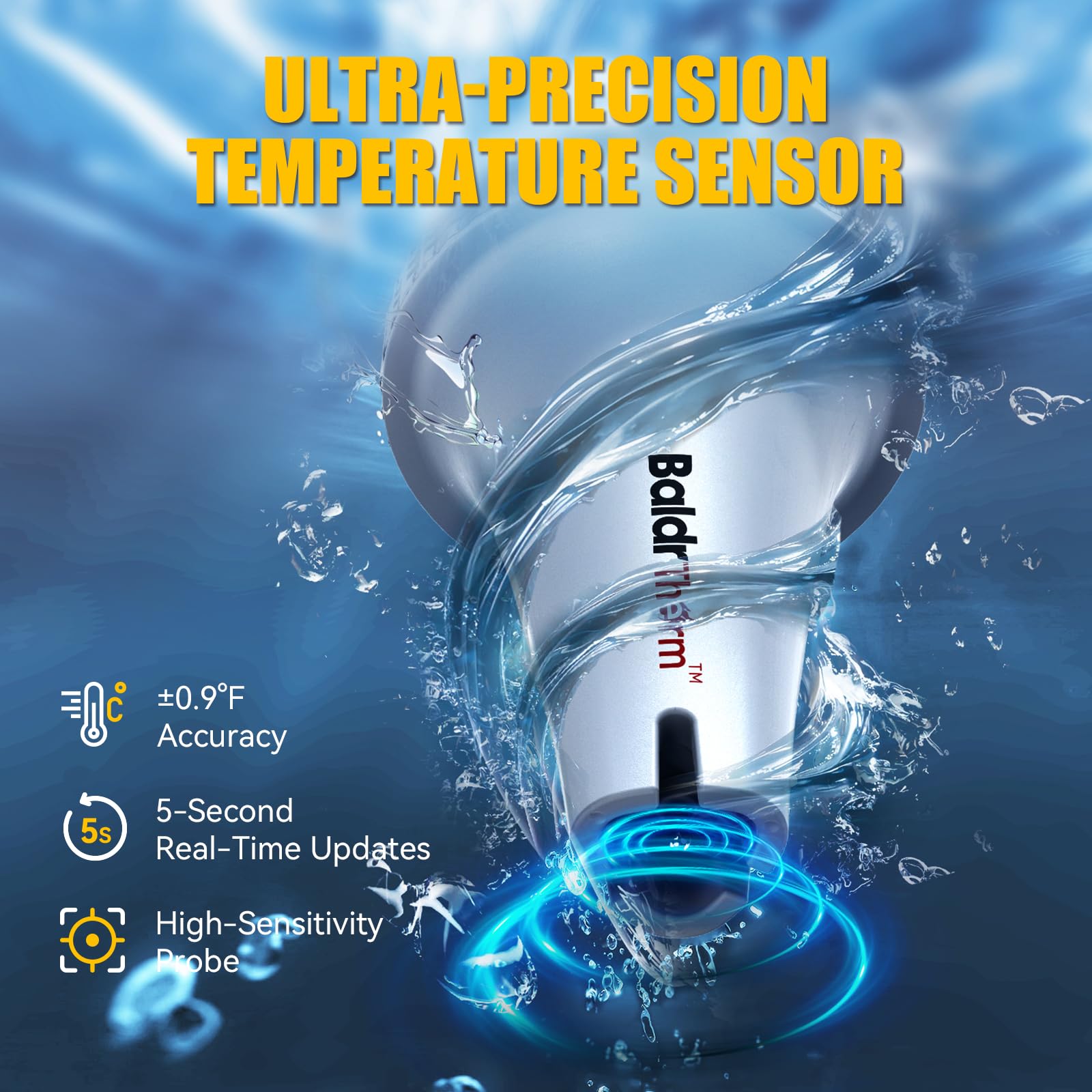 BaldrTherm monitor interior mostrando temperatura y humedad con alcance