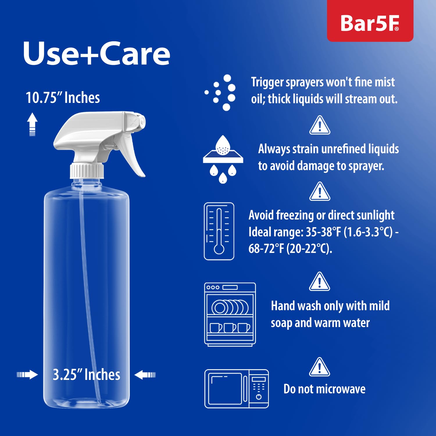Bar5F etiqueta y nivel de líquido visible que facilita identificar contenidos y recargas