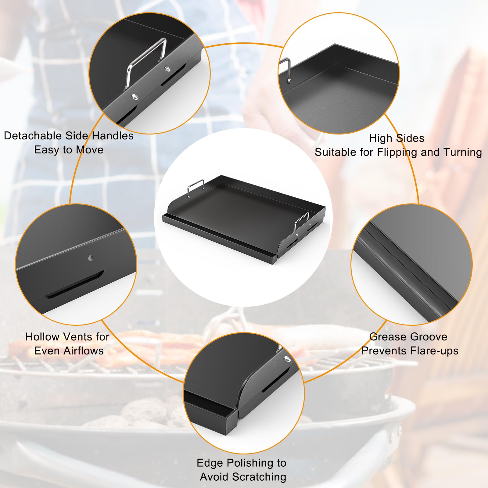 Barbqtime asa desmontable en mano para mover la plancha con seguridad