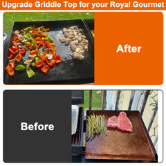 BBQ Future plancha instalada en parrilla Royal Gourmet cocinando alimentos