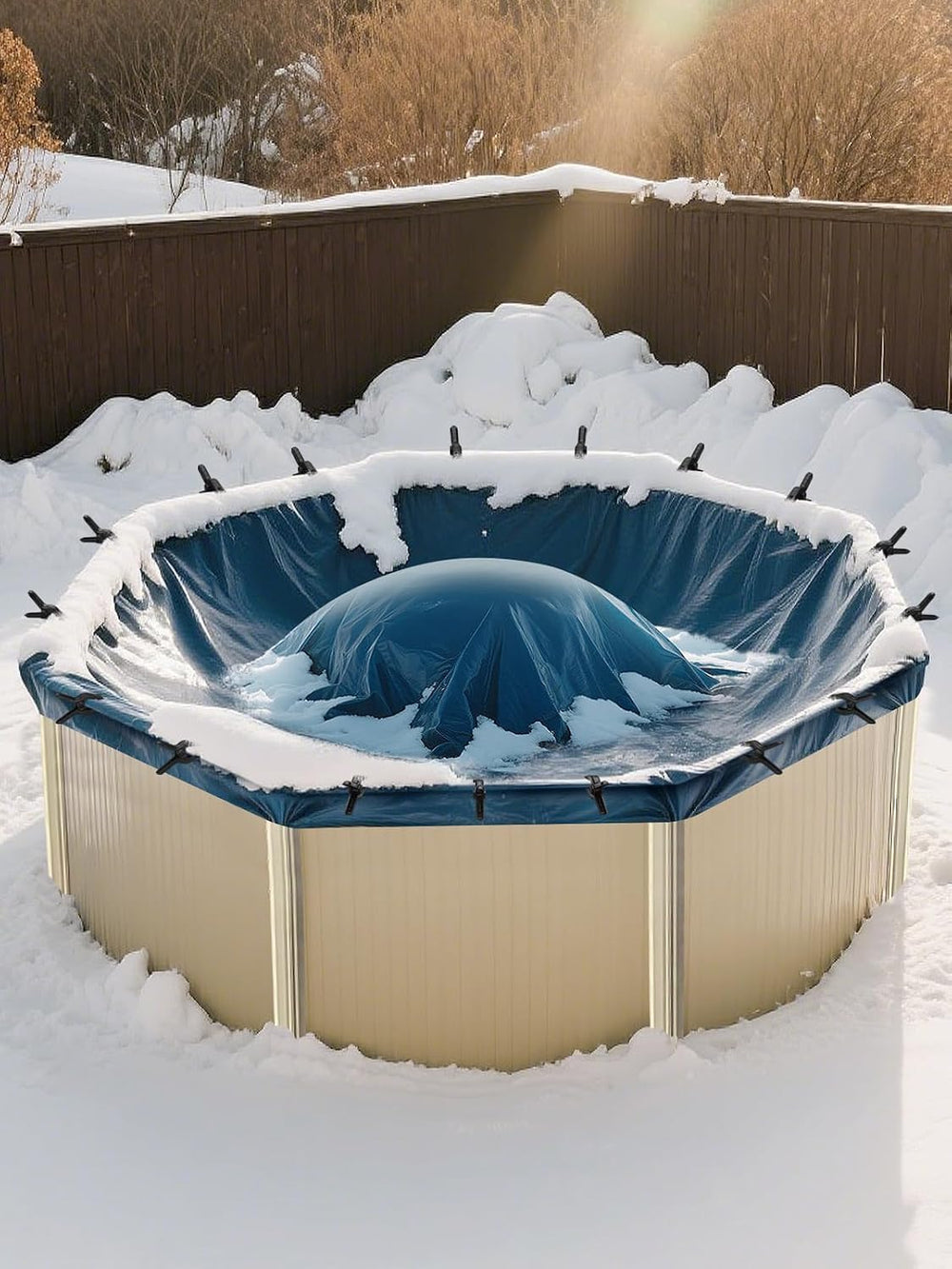 Beeplove vista de piscina invernal con clips asegurando la cubierta