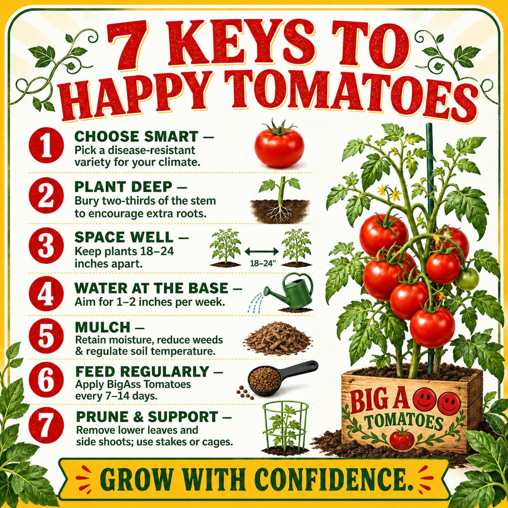 Big Ass Fertilizers envase en huerto con tomates saludables y fruto más sabroso