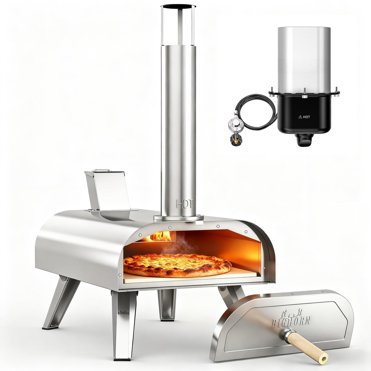 BIG HORN vista frontal del horno mostrando diseño portátil y duradero