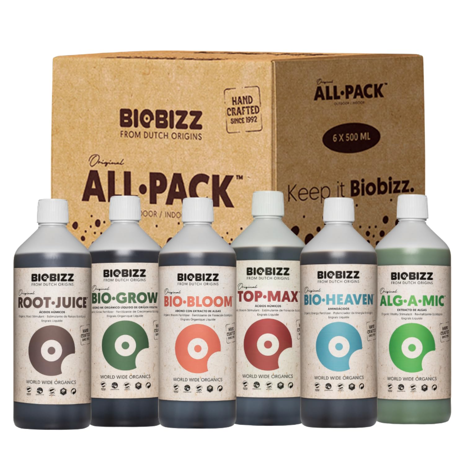 BioBizz frentes de botellas del kit All-Pack Indoor mostrando variedad y orden
