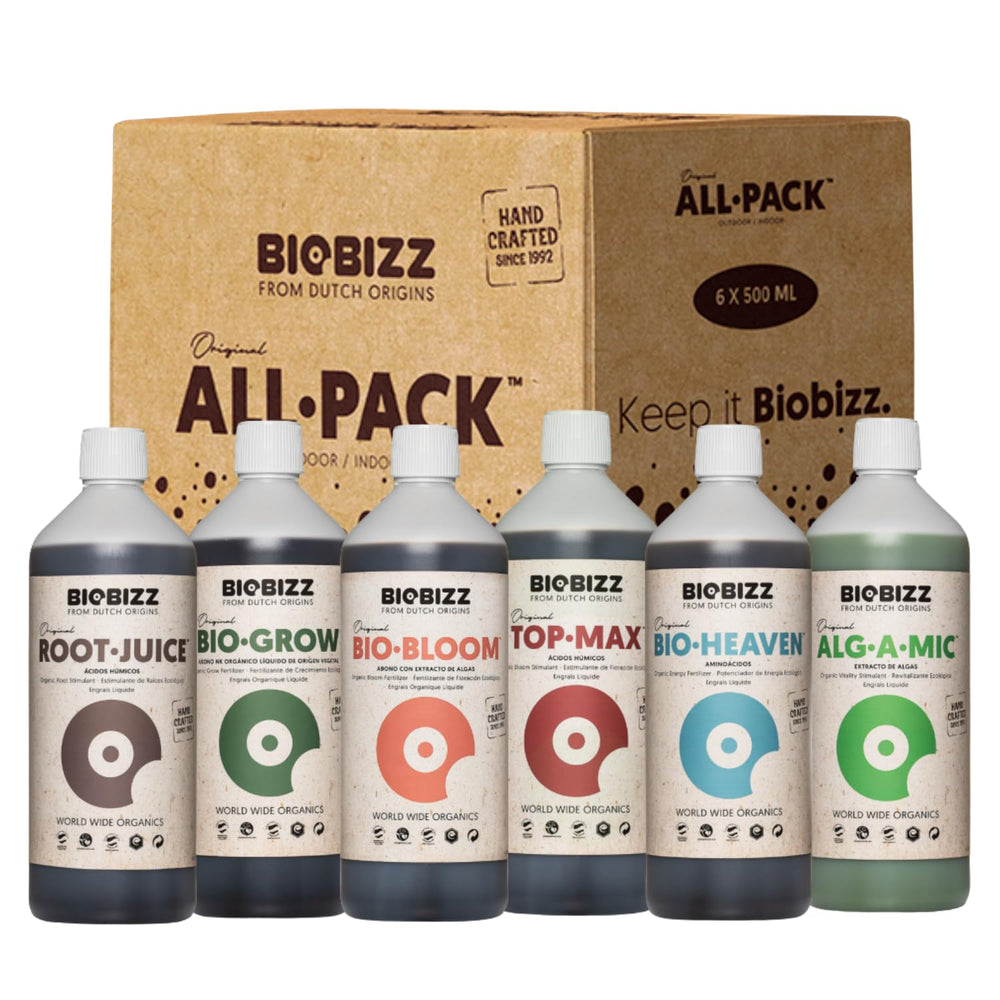 BioBizz frentes de botellas del kit All-Pack Indoor mostrando variedad y orden