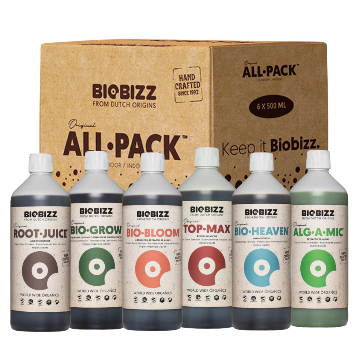 BioBizz frentes de botellas del kit All-Pack Indoor mostrando variedad y orden