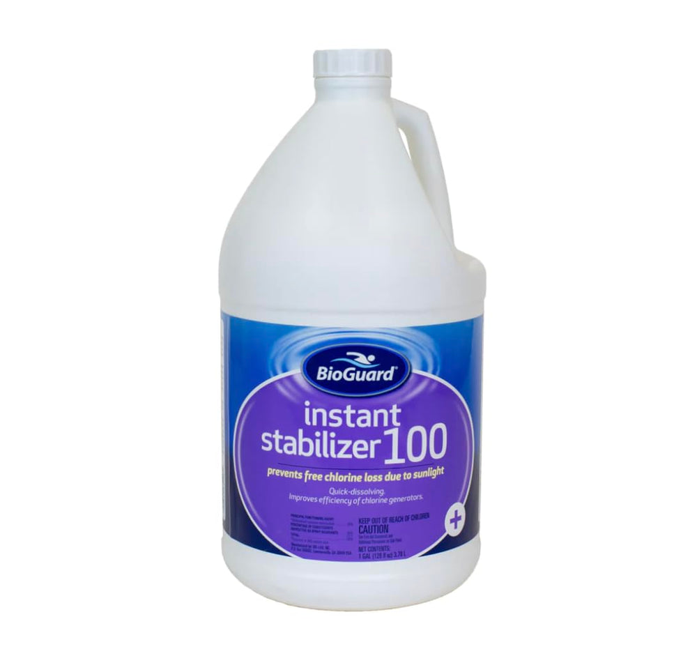 BioGuard envase frontal mostrando etiqueta y aplicación fácil para ahorro de cloro
