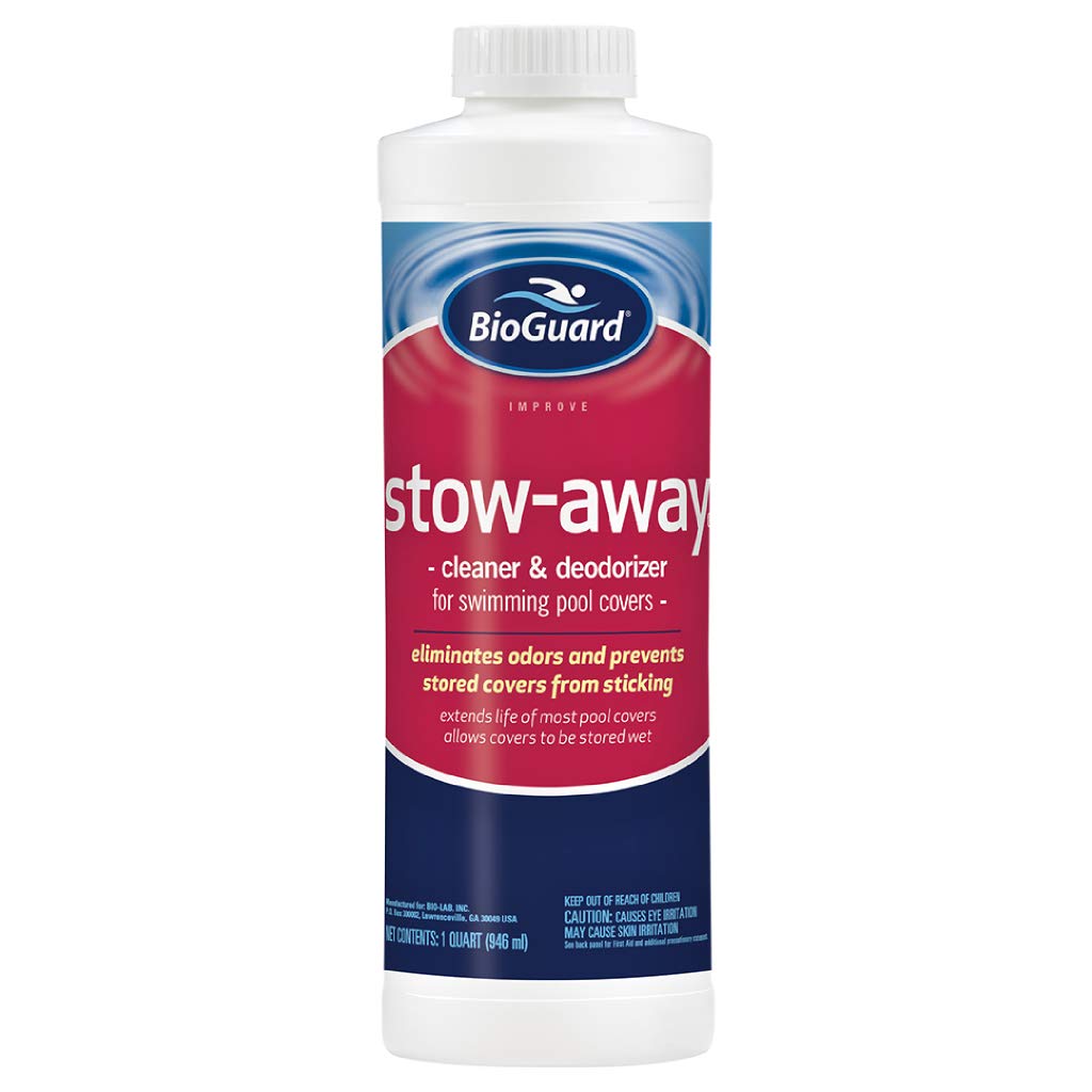 BioGuard envase frontal del limpiador Stow Away mostrando etiqueta y tamaño, protección y limpieza