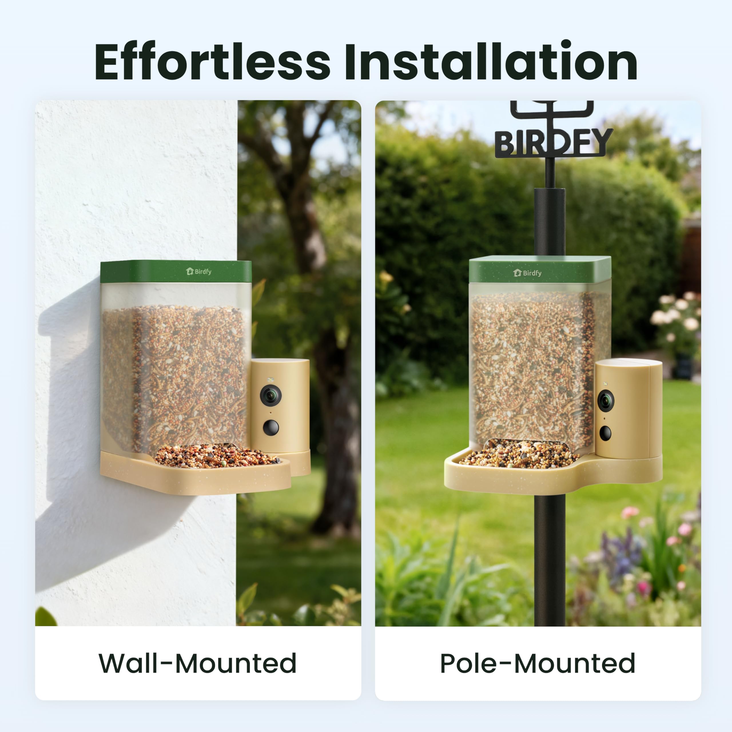 Birdfy comparado con una mano para escala, portátil y fácil de instalar