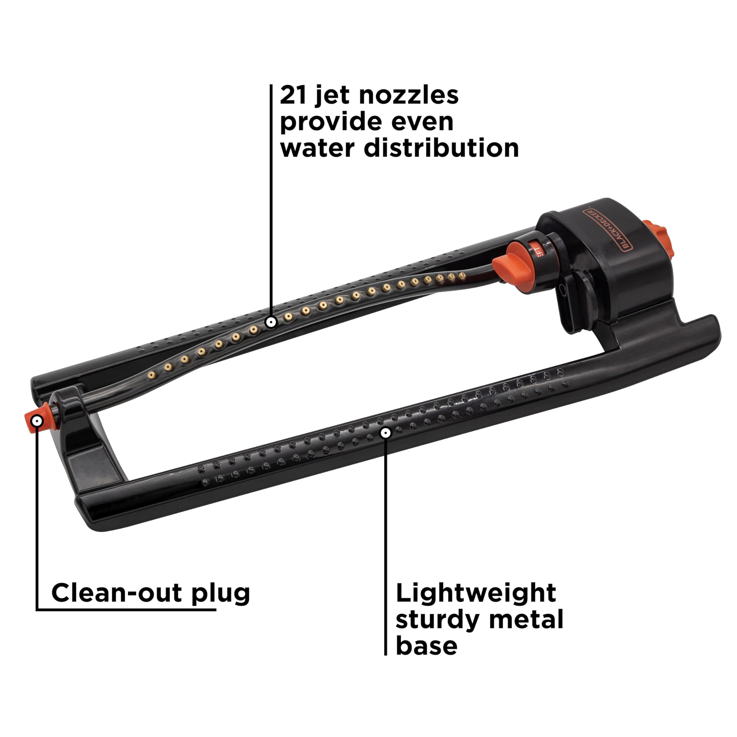 Black+Decker BD3435 detalle de la barra con 21 boquillas para riego uniforme