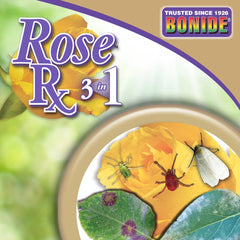 Bonide Rose Rx pulverizando rosas en jardín y control efectivo de plagas visible