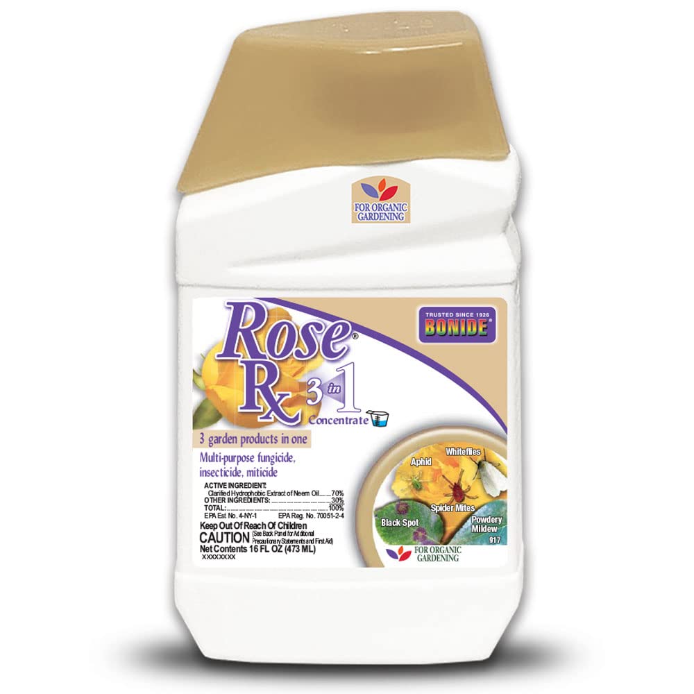 Bonide Rose Rx envase frontal mostrando la presentación de 16 oz y instrucciones claras