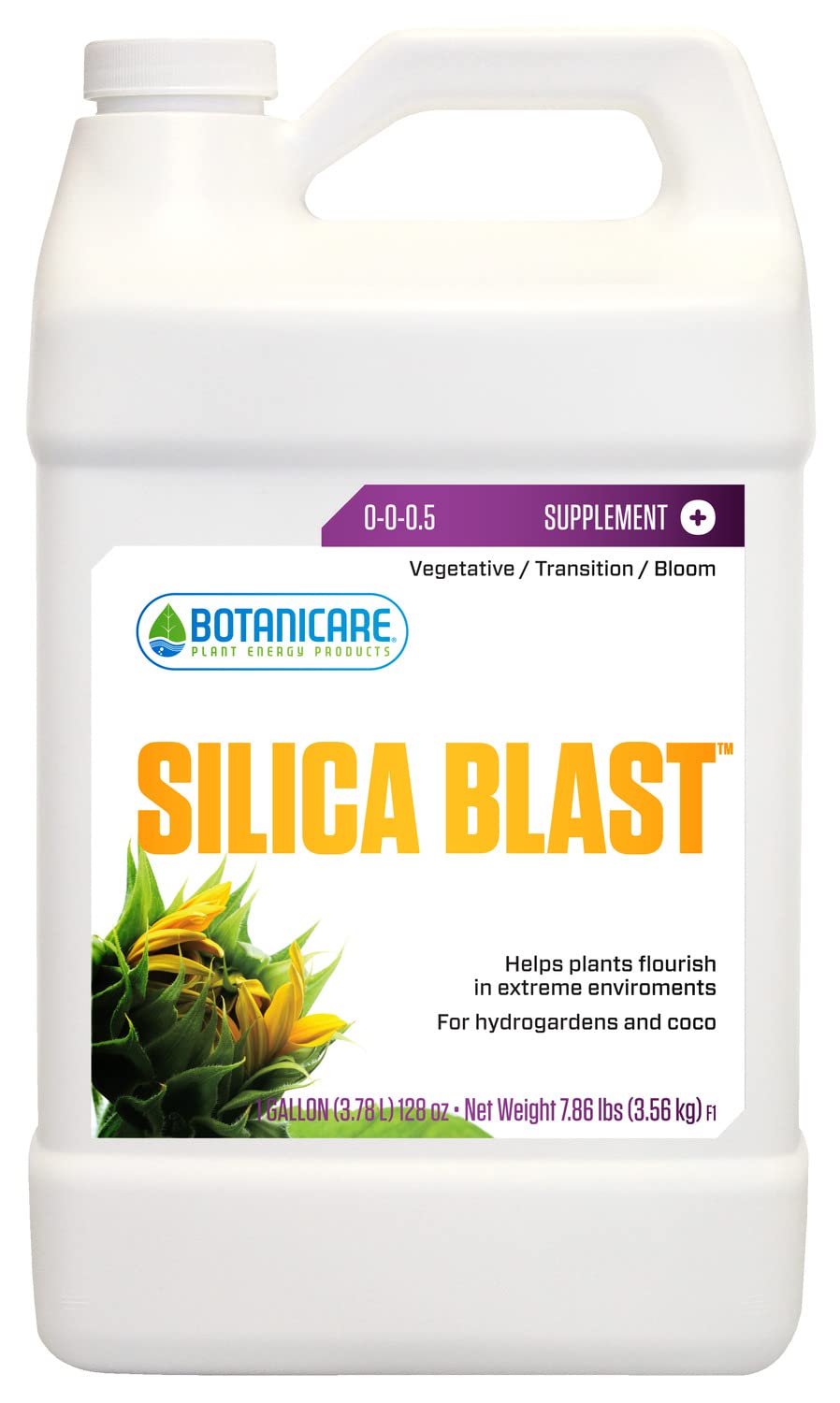 Botanicare Silica Blast frente 1 gal muestra envase y facilidad de uso