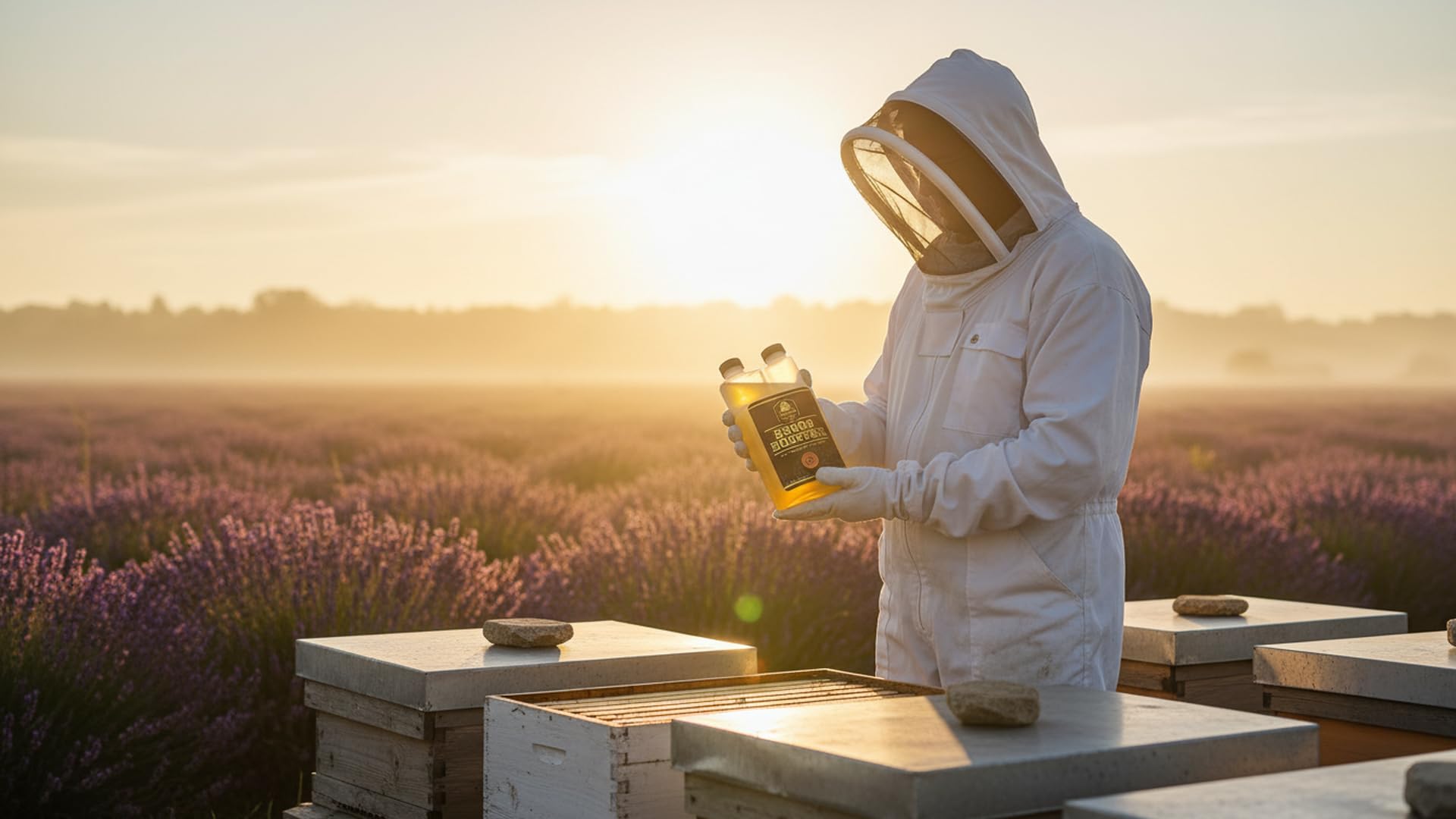 Bountiful Bees comparación de tamaño del envase 16 oz junto a herramientas apícolas