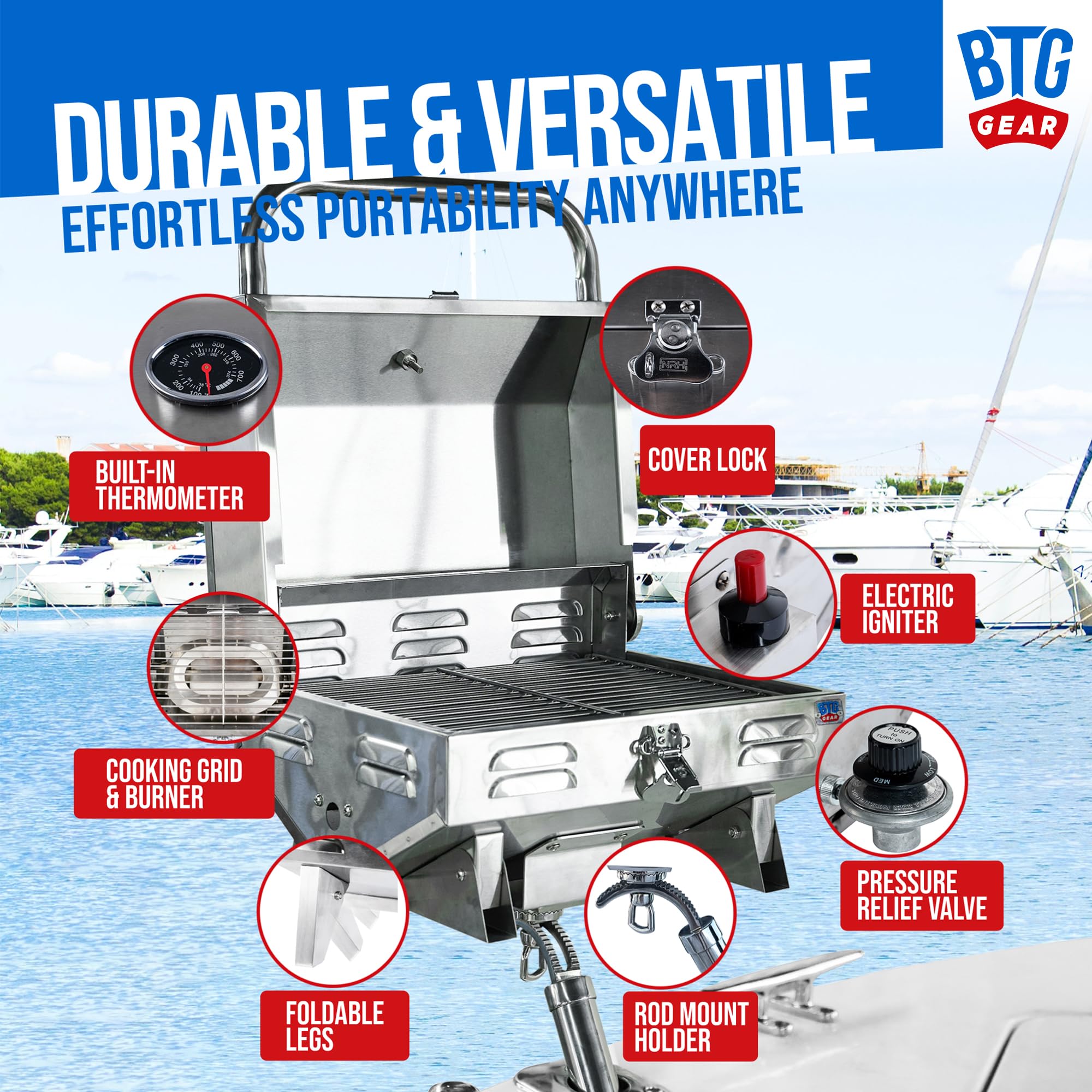 BTG GEAR detalle de acero inoxidable resistente a ambientes marinos